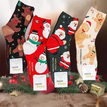 Милые носки до середины голени с изображением Санта-Клауса, женские носки средней длины, носки со снеговиком и лосем, рождественские носки one size чёрный