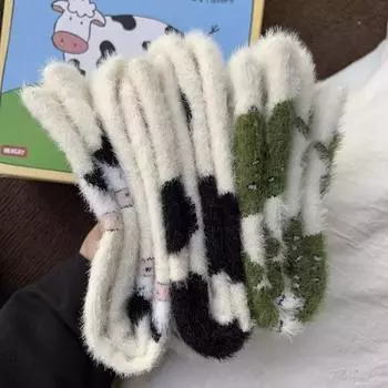 Милые носки из мультяшного меха с изображением коровы, норки, бархата, женские зимние мягкие флисовые плюшевые теплые домашние носки для сна, кавайные меховые термоноски