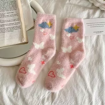 Милые носки из плюша с цветочным принтом для женщин и девочек, бархатные зимние теплые носки средней длины, повседневные носки для сна, тапочки one size