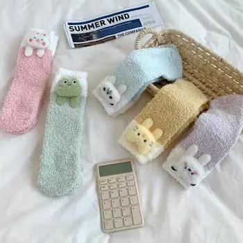 Милые носки с героями мультфильмов, женские осенне-зимние толстые теплые носки для сна, коралловые бархатные теплые носки Лолита Кавайи, рождественские подарки фиолетовый