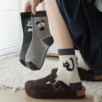 Милые носки с изображением животных, мультяшный щенок, кот, модные осенне-зимние хлопковые пряжи, флокированные плюшевые чулки, модные теплые повседневные женские носки