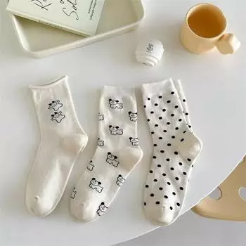 Милые носки с рисунком собаки из мультфильма в японском стиле Kawaii в горошек, женские носки в стиле Harajuku Vintage, корейская мода, уличная одежда, длинные хлопковые носки EUR 34-39