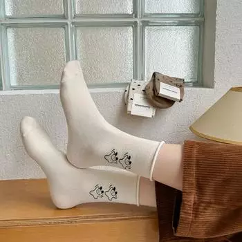 Милые носки с рисунком собаки из мультфильма в японском стиле Kawaii в горошек, женские носки в стиле Harajuku Vintage, корейская мода, уличная одежда, длинные хлопковые носки