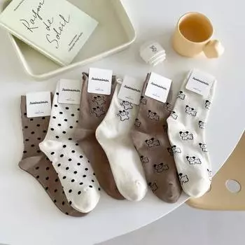 Милые носки с рисунком собаки из мультфильма в японском стиле Kawaii в горошек, женские носки в стиле Harajuku Vintage, корейская мода, уличная одежда, длинные хлопковые носки
