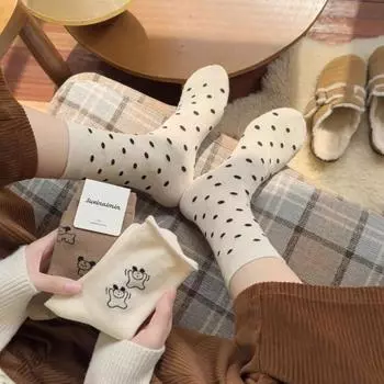 Милые носки с рисунком собаки из мультфильма в японском стиле Kawaii в горошек, женские носки в стиле Harajuku Vintage, корейская мода, уличная одежда, длинные хлопковые носки EUR 34-39