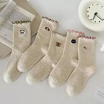 Милые носки с вышивкой в виде мультяшного медведя, милые носки для девочек в стиле Лолита-кавайи с оборками, японская мода, уличные женские носки в стиле Харадзюку в стиле ретро