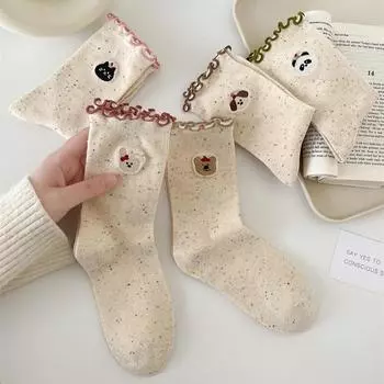 Милые носки с вышивкой в виде мультяшного медведя, милые носки для девочек в стиле Лолита-кавайи с оборками, японская мода, уличные женские носки в стиле Харадзюку в стиле ретро
