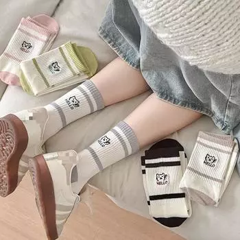 Милые носки с вышивкой в виде мультяшного кота, женские повседневные полосатые модные женские носки для хип-хопа, скейтборда, школьницы, носки средней длины