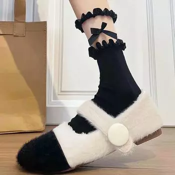 Милые носки-трубы с кружевом и бантом в стиле Лолиты для девочек, черные, белые, корейские, мягкие, хлопковые, дышащие, повседневные, женские, кавайные чёрный