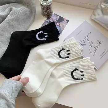 Милые носки женские модные повседневные уличные хлопковые носки средней длины для студентов в стиле колледжа, черно-белые серые носки белый