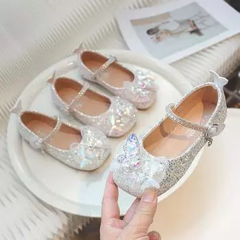 Милые новые детские кожаные туфли для девочек, шикарные туфли для принцесс, модные универсальные детские повседневные туфли на плоской подошве с пайетками, элегантные 23 бежевый