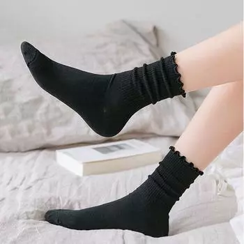 Милые однотонные носки-трубы Harajuku с индивидуальными оборками, повседневные носки, хлопковые носки, женские носки чёрный