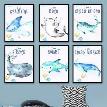 Милые океанские животные, китовая акула, цитата, настенная живопись на холсте, плакаты на скандинавскую тему и принты, настенные панно с героями мультфильмов для декора детской комнаты 21cm30cm NoFrame