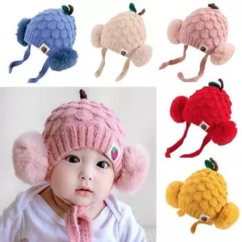 Милые осенне-зимние детские мягкие теплые шапки, меховая шапка с помпоном, детские вязаные шапки для мальчиков и девочек 42-47CM синий