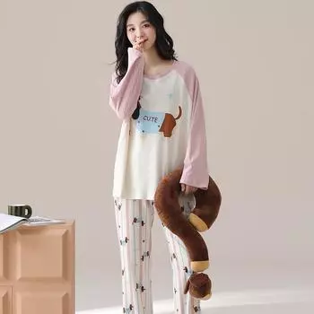 Милые пижамы с собачками, женские, осень-зима, с длинными рукавами, длинные штаны, розовые пижамы, кавайные пижамы, уютные, мягкие, для девочек M