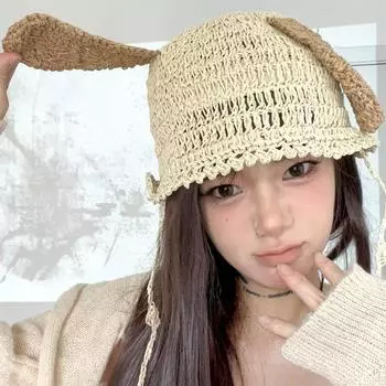 Милые плетеные панамы с ушками щенка для женщин, летние пляжные солнцезащитные дышащие универсальные повседневные кепки на ремне 55-59cm