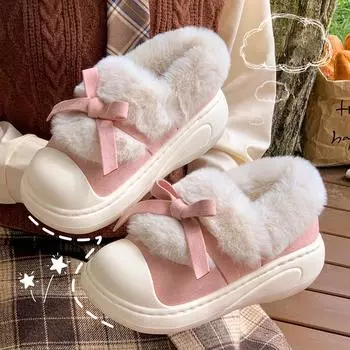 Милые плюшевые ботильоны с бантом, женские зимние нескользящие ботинки из искусственного меха, женские теплые туфли с толстой подошвой и хлопковой подкладкой 36-37 чёрный