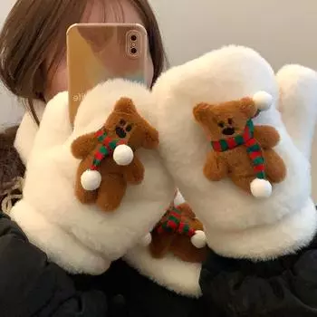 Милые плюшевые перчатки с изображением медведя из печенья для женщин, зимние теплые утолщенные варежки из бархата, которые можно повесить на шею, подарок на Рождество для студентов