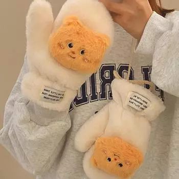 Милые плюшевые перчатки с рисунком из мультфильма, теплые варежки из фланели, зимние перчатки для езды на велосипеде, защищающие от холода