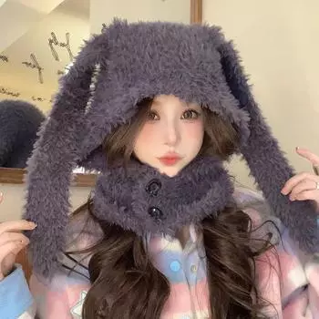 Милые плюшевые шапки-бомберы с длинными ушками для женщин, модные теплые уличные шапки-балаклавы с вогнутыми ушками и защитой ушей на осень и зиму 56-58cm бежевый