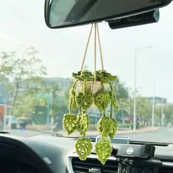 Милые подвесные аксессуары для автомобильного зеркала, ручная вязка, тканые, готовые, вязаные крючком, горшечные растения, декор заднего вида, украшения для салона автомобиля