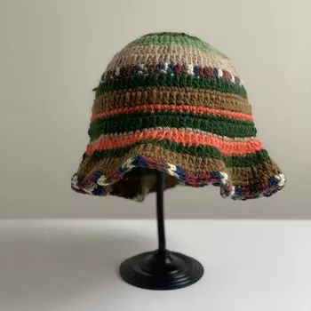 Милые полоски контрастных цветов, связанная крючком вручную шапка рыбака детская осенне-зимняя теплая универсальная маленькая вязаная шапка прилив M56-58cm розовый