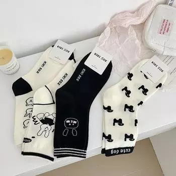 Милые повседневные модные черно-белые женские носки с героями мультфильмов, милые носки с принтом школьницы для девочек, японский кавайный кролик, собака, медведь