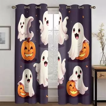 Милые привидения, забавные тыквы, 3D-шторы, подходят для Хэллоуина, гостиной, спальни, кухни, балкона, окна, декора, 2 панели 50W130H(CM)X2PCS&Grommet Top