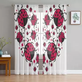 Милые прозрачные шторы с изображением божьей коровки и сердца Валентина для гостиной, прозрачные тюлевые занавески для окон, спальни, кухни, декор, вуаль, шторы 135W x 114H(cm)