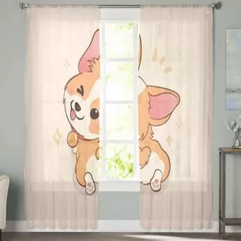 Милые прозрачные шторы с рисунком корги, вуаль для спальни, прозрачные шторы для окон, кухни, тюлевые шторы 135W x 114H(cm)