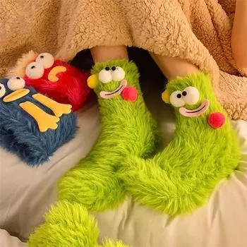 Милые пушистые носки с героями мультфильмов, женские зимние коралловые бархатные утолщенные теплые модные повседневные домашние носки для сна с забавным лицом монстра