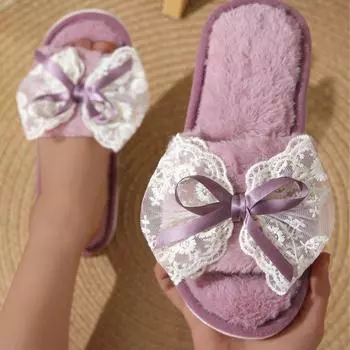 Милые пушистые тапочки с бантом женские свежие кружевные домашние нескользящие плюшевые хлопковые швабры розовый
