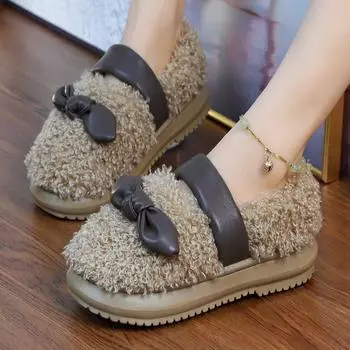 Милые пушистые тапочки женские кожаные тапочки с бантом декоративные домашние шлепанцы из ЭВА меха 2024 Новое поступление домашняя обувь с толстой подошвой 36-37 розовый