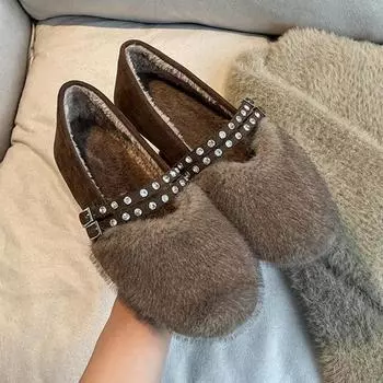 Милые пушистые теплые женские туфли Мэри Джейн, удобные плюшевые зимние туфли на плоской подошве, роскошные уличные хлопковые туфли с пряжкой на ремне со стразами 35 чёрный