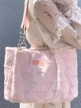 Милые пушистые женские повседневные сумки-тоут Love Heart женские милые сумки на плечо подмышки сплошной цвет женские модные плюшевые сумки 34 x 24 x 9 cm белый