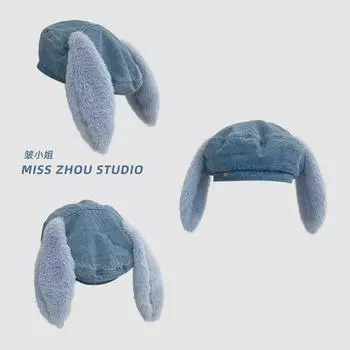 Милые японские плюшевые кроличьи ушки джинсовые береты кепки Y2k весна и осень путешествия фото универсальные ретро литературные шляпы художника 56-58cm синий