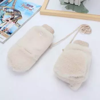 Милые японские плюшевые варежки с имитацией меха кролика и халтер-шейным воротником - теплые зимние перчатки без пальцев для женщин. белый