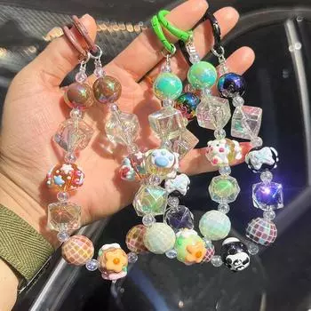 Милые расписные бусины для телефона, брелок из кубиков сахара, ремешок на запястье, декоративная сумка, чехол для наушников, подвеска, автомобильный брелок для ключей розовый