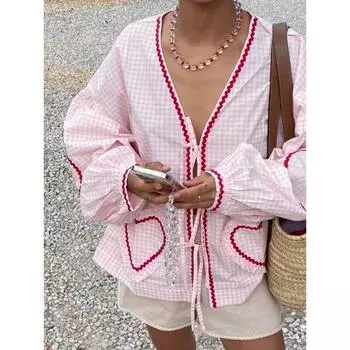 Милые розовые клетчатые рубашки женские с длинным рукавом на шнуровке свободные повседневные блузки женские элегантные шикарные женские топы весна-лето S розовый