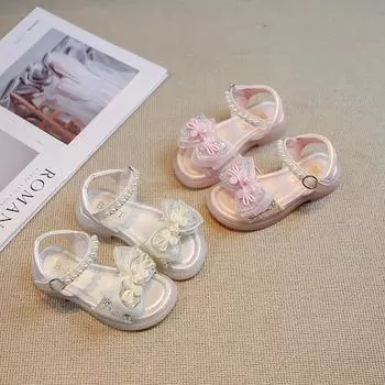 Милые сандалии Hanfu для девочек, элегантные детские летние сандалии, модные детские сандалии с жемчугом, повседневные сандалии с открытым носком для свадебной вечеринки 26 белый