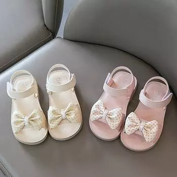 Милые сандалии с открытым носком для девочек, однотонные розовые, лето 2024 г., новые, на плоской подошве, детские, модные, мягкие, повседневные, в корейском стиле, с бантом, из искусственной кожи, на липучке 21 бежевый