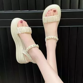Милые сандалии с толстым дном и жемчугом, женские туфли с ремешком на плоской подошве, удобные пляжные туфли, модная женская летняя дышащая обувь 35