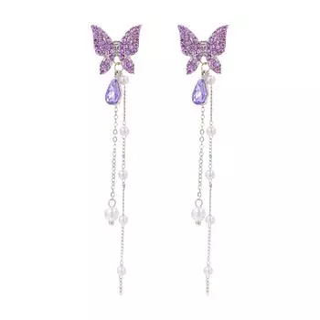 Милые серьги-бабочки высокого качества и элегантности, с длинным жемчужным кисточкой, которая подчеркивает лицо и эффект похудения One Size фиолетовый