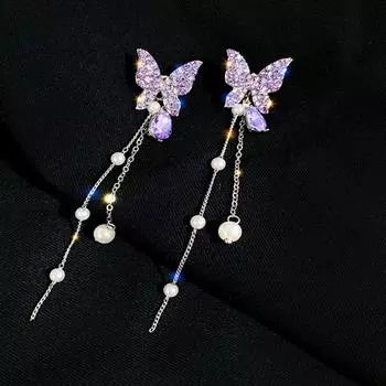 Милые серьги-бабочки высокого качества и элегантности, с длинным жемчужным кисточкой, которая подчеркивает лицо и эффект похудения One Size фиолетовый
