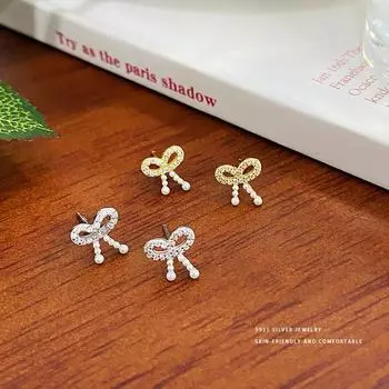 Милые серьги-бантики с жемчугом для женщин, маленькие и нежные, в девчачьем стиле, новые серьги