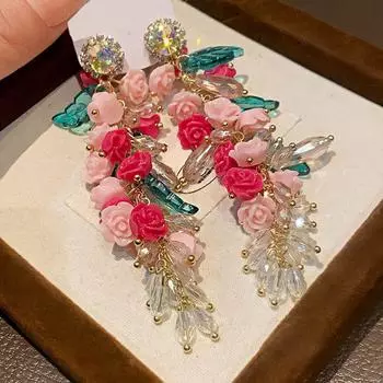 Милые серьги-цветы в стиле розовых роз, винтажные серьги-кисточки для девочек розовый