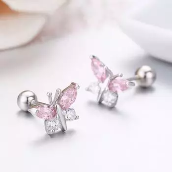 Милые серьги-гвоздики с бабочкой из стерлингового серебра 925 пробы с розовым фианитом и завинчивающейся застежкой для женщин, девочек, детей, ювелирные изделия Orecchini Aros Aretes one pair розовый