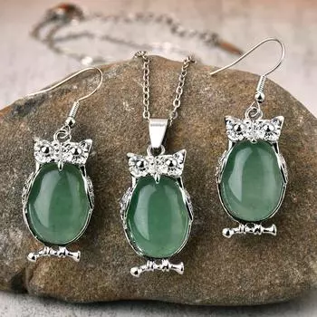 Милые серьги и ожерелье в виде животных для женщин, подвеска в виде совы Рейки, натуральный камень, овальные бусины, подвеска-крючок, серьги-подвески