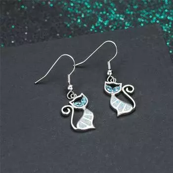 Милые серьги-капли в виде кошки из стерлингового серебра 925 пробы для женщин, свадебные украшения, винтажная мода, белый голубой опал, камень рождения, висячие серьги белый