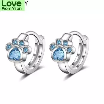 Милые серьги-кольца из стерлингового серебра 925 пробы с кошачьими лапками, синие серьги с кубическим цирконием для девочек, аксессуары S -E1078